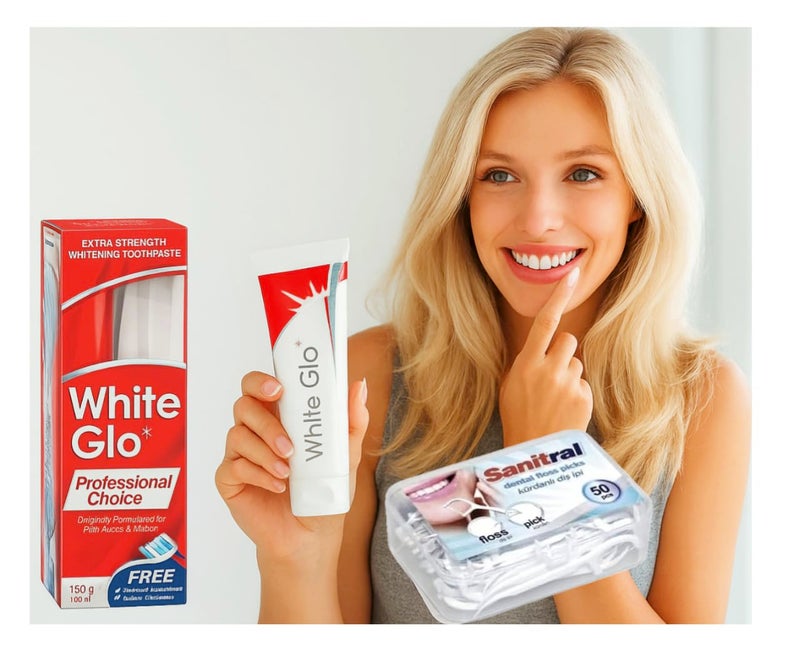 White Glo Professional Choice Extra Strength Whitening Toothpaste 100 ml & Toothbrush (with Sanitral 50 Pcs Dental Floss Stick Included as a Gift)